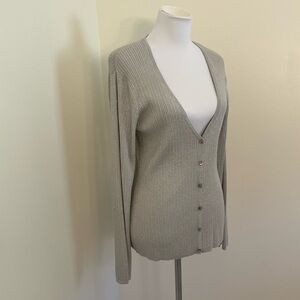 Chico's Metallic Silver V-Neck Cardigan Sweater